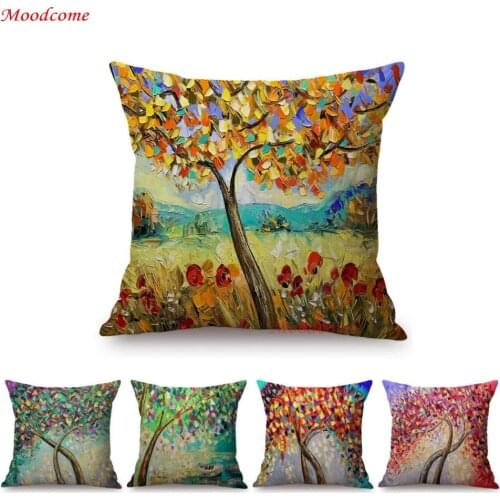 Oil painting Flower Tree Blossom Colorful Autumn Trees Art Home Decor Sofa Pillow Cover Cotton Linen Indoor Square Cushion Cover