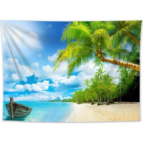 Summer Beach Palm Tree Tapestry Tropical Sea Ocean Seaside Island Boat Tapestry Wall Hanging Blanket Beach Towel Tablecloth