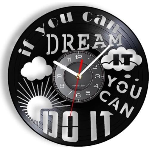 Dream It! Do It! Postive Motto Vinyl LP Record Wall Clock Wind Cloud Letters Carved Wall Watch With LED Backlight Retro Wall Art