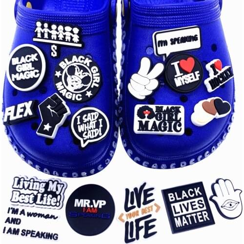 50PCS Wholesale English Phrases Shoes Chamrs Black Girl Magic Croc Jibizt PVC Soft BLM Series Hole Slipper Accessories Kids Gift