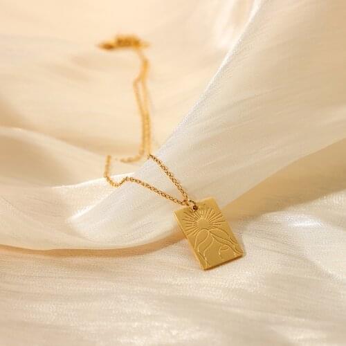 Rectangle Art Abstract Painting Sun Pendant Neckalce For Women 18k Gold Plated Stainless Steel Choker Jewelry Gifts