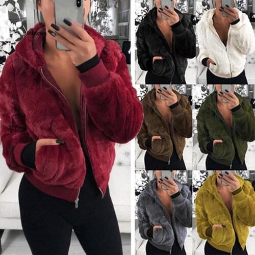 Plus Size Fluffy Jacket Women Faux Fur Coat Hooded Neckline Long Sleeve Zipper Ribbed Casual Warm Outerwear Short Tops