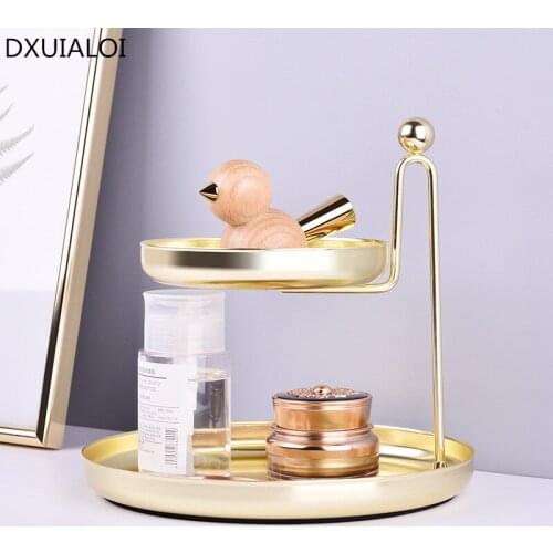 Nordic Double Storage Tray Cosmetic Jewelry Shelf Desktop Organizing Tray Dressing Table Golden Storage Tray Home Decoration