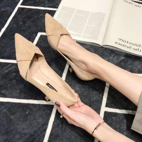 Pointed Toe Shoes 2021 Spring and Autumn Stiletto High Heels Womens Mid-heel Shallow Suede Professional Net Red Womens Shoes