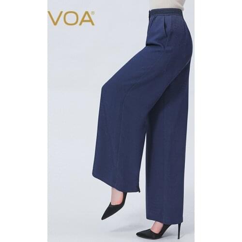 VOA Silk Jacquard Braided Hair Natural Waist Zipper One Button Fold Printing Bump Stitching Pocket Wide-leg Woman Pants KE571