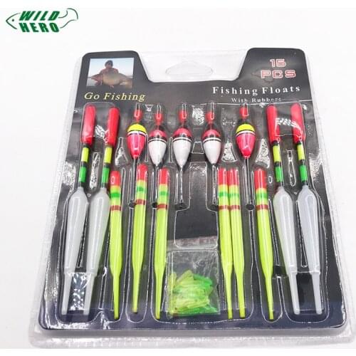 WILDHERO 1 set (15Pcs) Vertical Buoy Sea Fishing Floats Assorted Size for Most Type of Angling with Attachment Rubbers Lures
