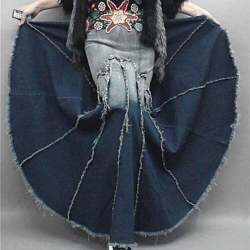 Lady Long Denim Skirt women High Waist Gradient Tassel Jeans Trumpet Fish Tail Mermaid long Skirts womens