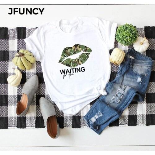 JFUNCY Plus Size Women T-shirts Summer New Lips Printed T Shirt Female Short Sleeve Cotton Tee Top Woman Casual Loose Clothes