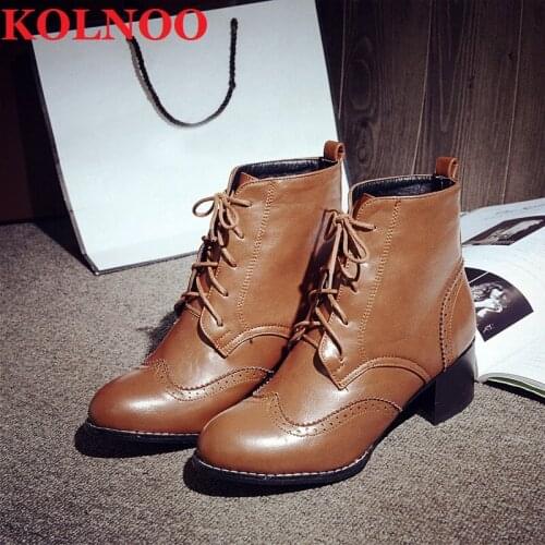KOLNOO New Handmade Chunky Heels Boots Lace-Up Work Style Faux Leather Ankle Booties Large Size Evening Fashion Winter Shoes