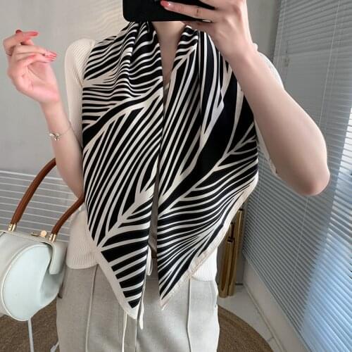 Women Fashion Accessories Stripe Printed 90x90cm Square Scarf Shawl Twill Imitated Silk Hijab
