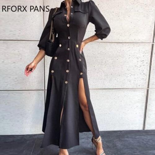Women Casual Solid Button Pocket Lantern Sleeve Slit Dresses
