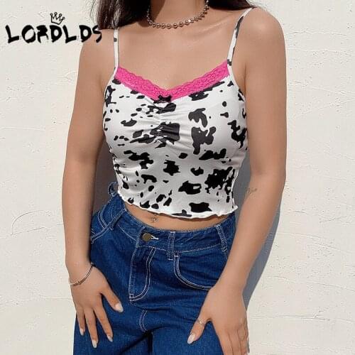 LORDLDS Women V neck cami top with lace trim cute outfits woman fashion cow print Ruched crop tops for summer