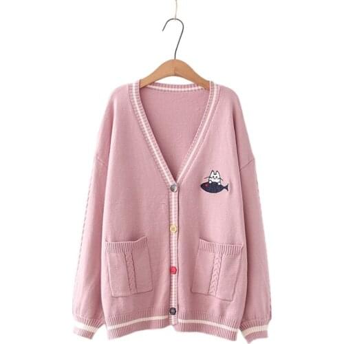 Harakuju Cartoon Cat Jacquard Knit Women Cardigan 2021 Winter Color Buttons V-neck Korean Female Kawaii Cute Jumpers Soft Top