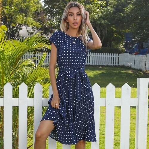 2021 Summer New Dot Print Dress Women O Neck Short Sleeve High Waist Knee Length Bandage Dresses Ladies Casual