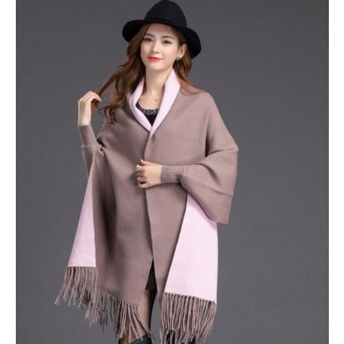 Elegant Knitted Wear Female Tassel Womens Poncho Spring Autumn Scarf Collar Bat Sleeve Solid Ladies Casual Sweaters