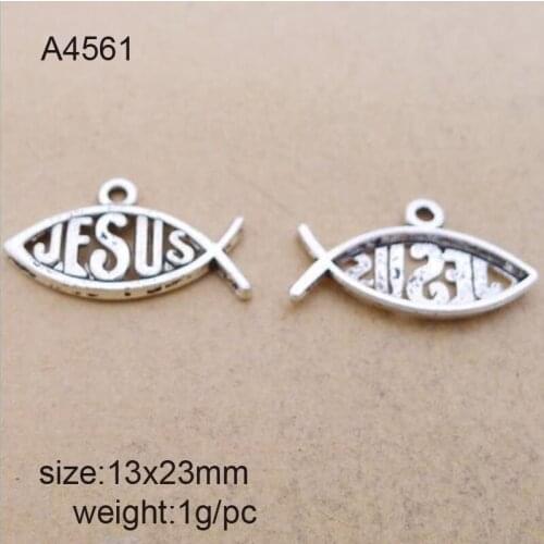 50pcs/lot 13x23mm Zinc Alloy Antique Silver Fish Shape JESUS Charms Pendants For Jewelry Making