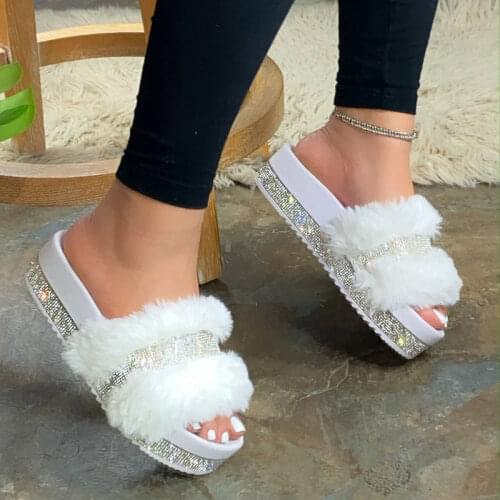 Adisputent Women Fur Slippers Summer Home Flat Fur Slides For Women Fluffy Female Shoes Glitter Indoor Women Casual Shoes