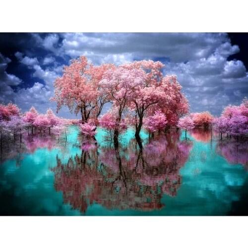 5D DIY Diamond Paintings Diamond Mosaic Cross Sticker Kit Pink Tree Reflection Flower Full Diamond Home Decor Embroidery P1188