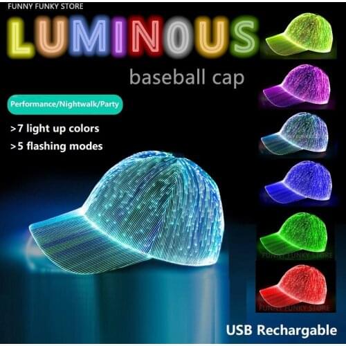 New LED Optical Fiber Lighting Hat Black and White for Couples Lighting Baseball Cap for Sports Performance 7 Flashing Modes