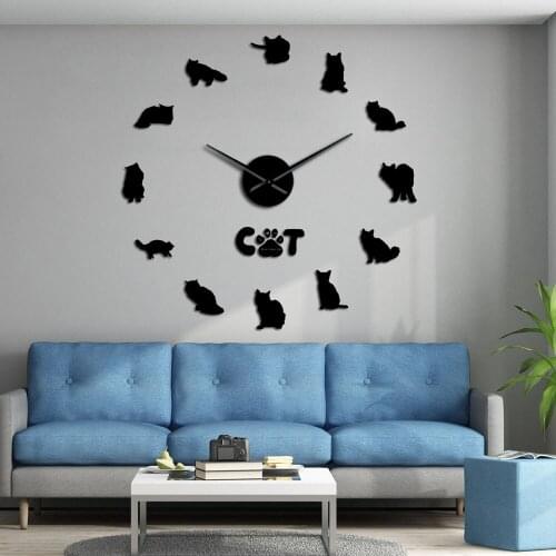 Burmese Cat DIY Wall Art Giant Clock Big Needle Frameless Pet Large Wall Watch Acrylic Mirror Effect Animals Home Decorations