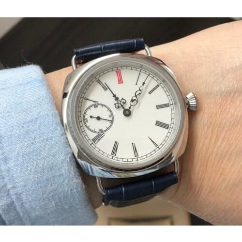 45mm no logo Asian 6497 17 jewels Mechanical Hand Wind movement mens watch white Enamel /black dial Mechanical watches gr80-20