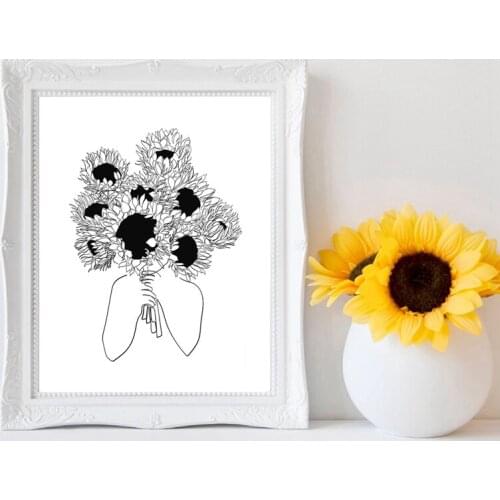 Black and White Abstract Woman Sunflowers Line Drawing Art Prints Nordic Minimalist Poster Canvas Painting Picture Home Decor