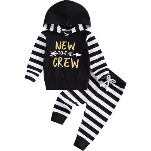 KIds Baby Boy Clothing Letter Print Striped Long Sleeve Hooded Top+Drawstring Pants Trousers Toddler 2pcs Outfits