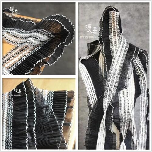Lolita Double Layers Wave Pleated Lace Trim Black White DIY Ruffle Applique Collar Decor Skirt Wedding Dress Designer Accessory