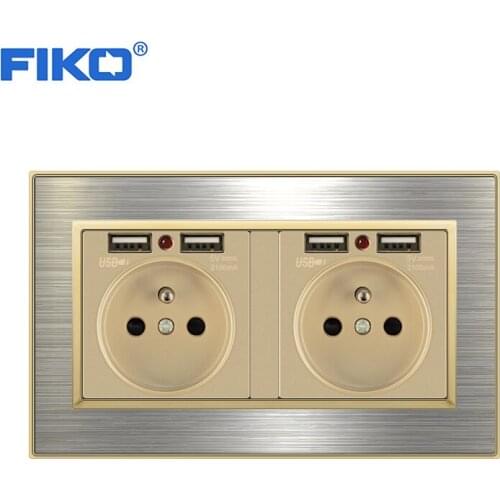 FIKO 2gang 16A wall power standard Household FR EU socket ,French socket with dual USB,stainless steel panel socket ,146mm*86mm