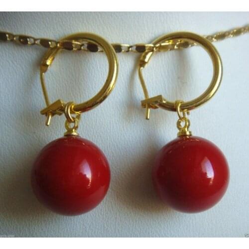 Hot sale new Style >>>>14mm Tahitian Coral Red South Sea Shell Pearl 14 GP Earrings AAA