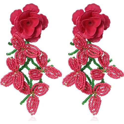 Personalized hand-woven rice beads flower tassel earrings Europe and the United States exaggerated rose flower drop earrings
