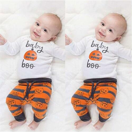 Newborn Baby Boy Halloween Outfits Pumpkin Printed 3Pcs Long Sleeves Bodysuit+Long Pants+Hat Autumn Toddler Boy Clothes