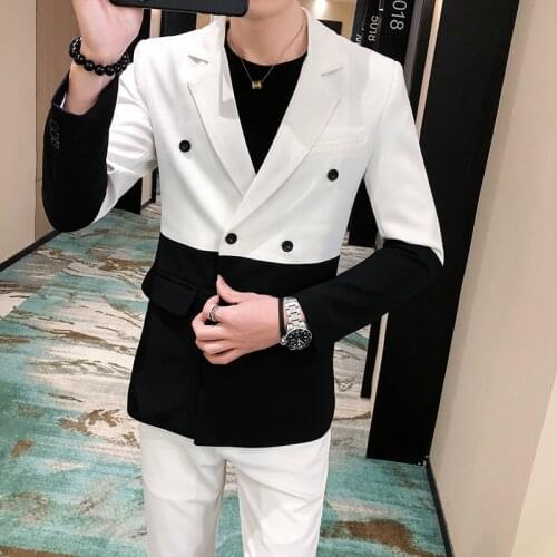 Jacket+Pants) Man Blazer Hombre Semi-Black Red White Double-Breasted Suits Masculino business Wedding Prom Fashion Stitching