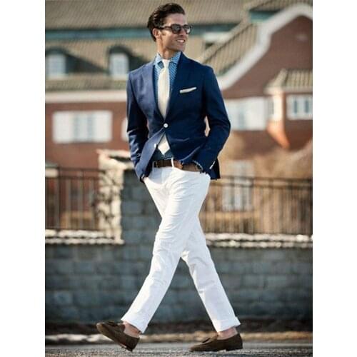 ANNIEBRITNEY Navy 2 Piece Slim Fit Men Suit With White Pants Groom Wedding Tuxedo 2 Piece Prom Wedding Business Men Suit Set