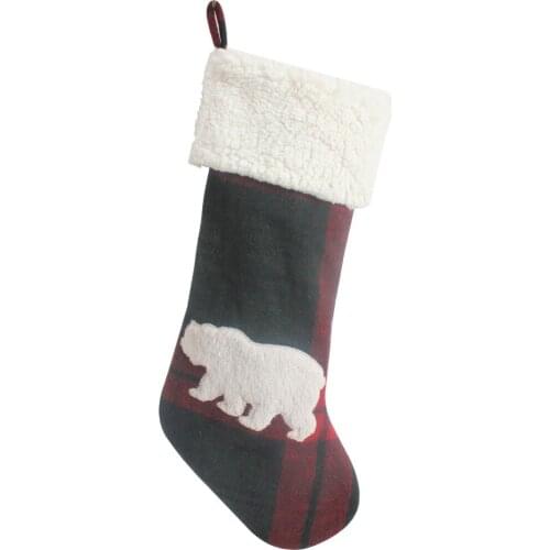 Set of 2 pcs Buffalo Check With 3D Applique Short Plush Cute Bear Christmas Stocking Christmas Socks