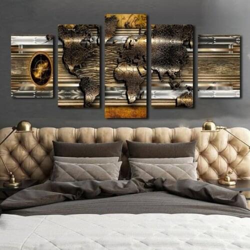 Metal Block Mural Modern Abstract World Map Canvas Painting Art Wall Poster Picture Room Decor Five Piece/set Frameless
