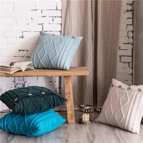 Nordic Solid Pillow Cover 18" Double Cable Knit Diamond Cushion Cove Blue Dark Green Turquoise Ivory Button 45cm*45cm Soft