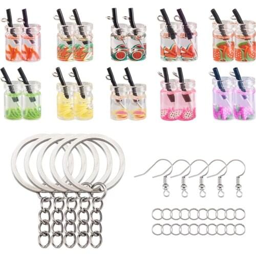 1Set Imitation Bubble Tea Fruit Juice Bottle Pendants Charms with Keychain Ring Earring Hooks For DIY Jewelry Making Findings