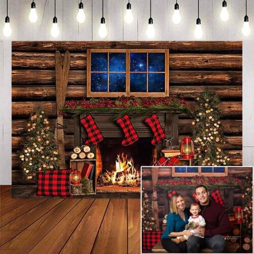 Christmas Photography Background Xmas Tree window Gift Fireplace Wooden New Year Backdrop Party Decorative Props Banner Studio