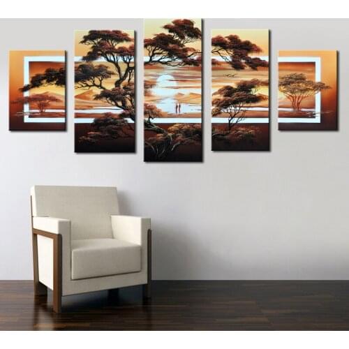 Hand Painted Modern Abstract Paintings Sunrise Wall Decor Pictures Landscape Canvas Paintings Unframed 5 Panel Scenery Wall Art