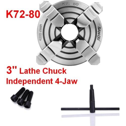 SANOU K72-80 Chuck 4 Jaw 80mm 3" Lathe Chuck Independent & Reversible Jaw for CNC Drilling Milling woodworking