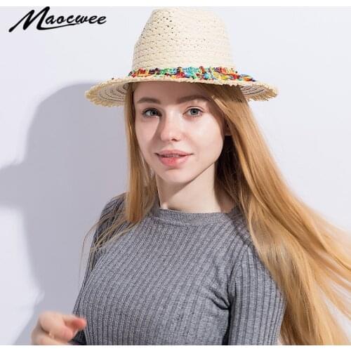 Women Straw paper Sun Hat for Elegant Lady Summer Wide Brim Panama Hat With Tassel Queen Sunbonnet Beach Sunhat Fedora Cap 2018