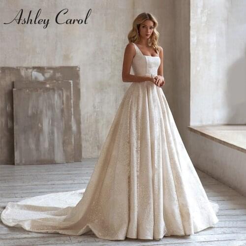 Ashley Carol A-Line Wedding Dress 2021 Glamorous Square Collar Bride Sleeveless Backless Shining Tulle Princess Bridal Gown