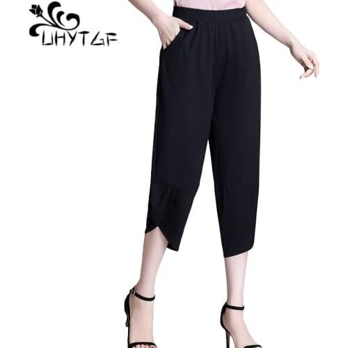 UHYTGF Fashion High Waist Summer Pants Womens Black Cotton Breathable Mom Thin Plus Size Pants Pocket Solid Female Trouses 1705