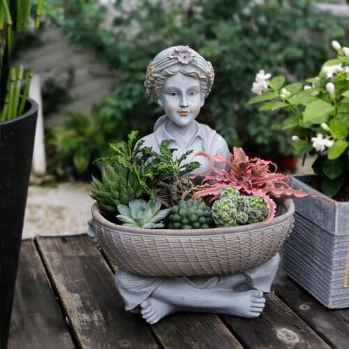 Home Garden Decoration Outdoor Art Sitting Little Girl Holding A Basket Figurine Ornament Garden Succulent Plants Flower Pots