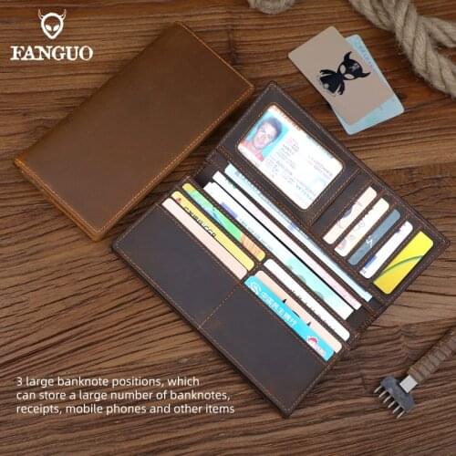Vintage Men Wallet Crazy Horse Leather Multi-function Credit Card Holder Long Wallet Anti-rfid Genuine Leather Bifold Male Purse