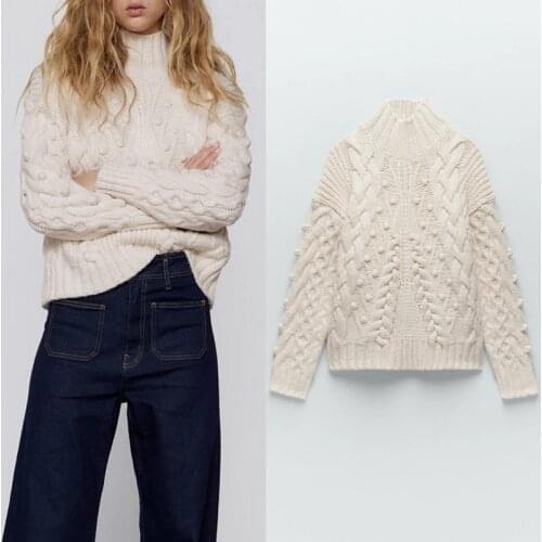 Vintage White Sweater Za Women Loose Casual Turtleneck Knitted Sweater Autumn Winter Female Warm Lady Long Sleeve Pullover Chic