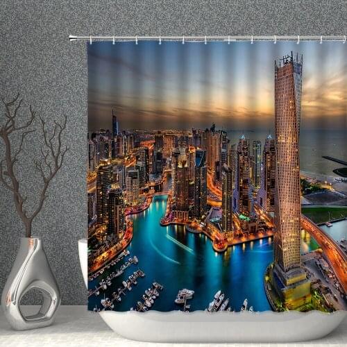 3D Printing City Architecture Night View Sea Waterproof Shower Curtain Set Polyester Fabric High Quality With Hooks Bath Screen