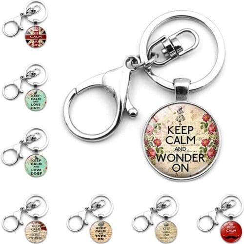 WG 1pc Keep Calm and Time Gem&stone Keyrings Keychain Metal Lobster Clasp Cabochon Keyring Jewelry Pendant