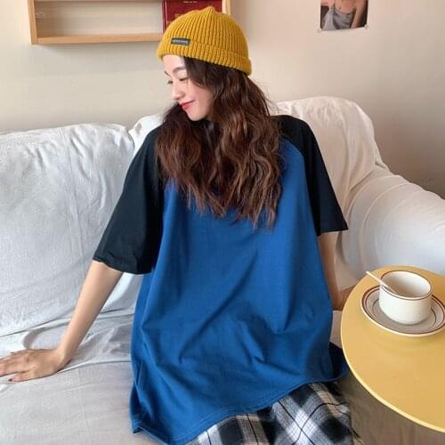 \Korean Fashion Stitching Raglan Solid Short-Sleeved t-Shirt Women Kawaii Top Alt Harajuku Gothic Vintage Tee Grunge Clothes